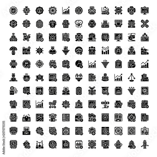 Diverse collection of monochrome icons representing various concepts.