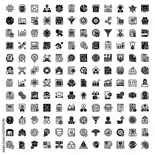Diverse collection of monochrome icons representing various concepts.