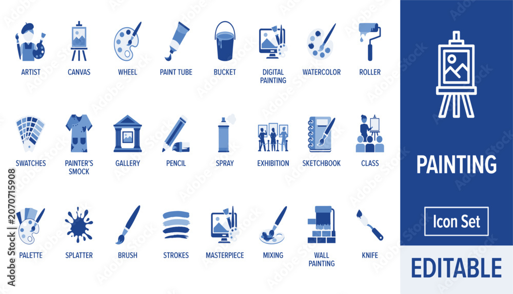 Fototapeta premium Painting icon set. Containing artist, canvas, palette, watercolor, brush, gallery, masterpiece, sketchbook and more. Solid vector icons collection.