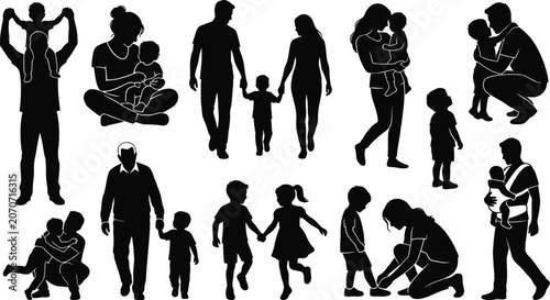 Fotografie Family silhouettes collection parents children and loving interactions