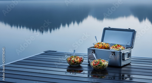 Cooler box with salad bowls on wooden dock by the lake