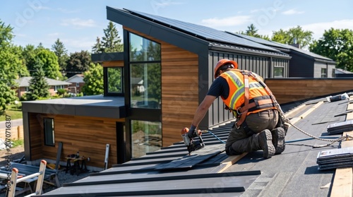 Professional Roofer Installing Roof Tiles on Residential House