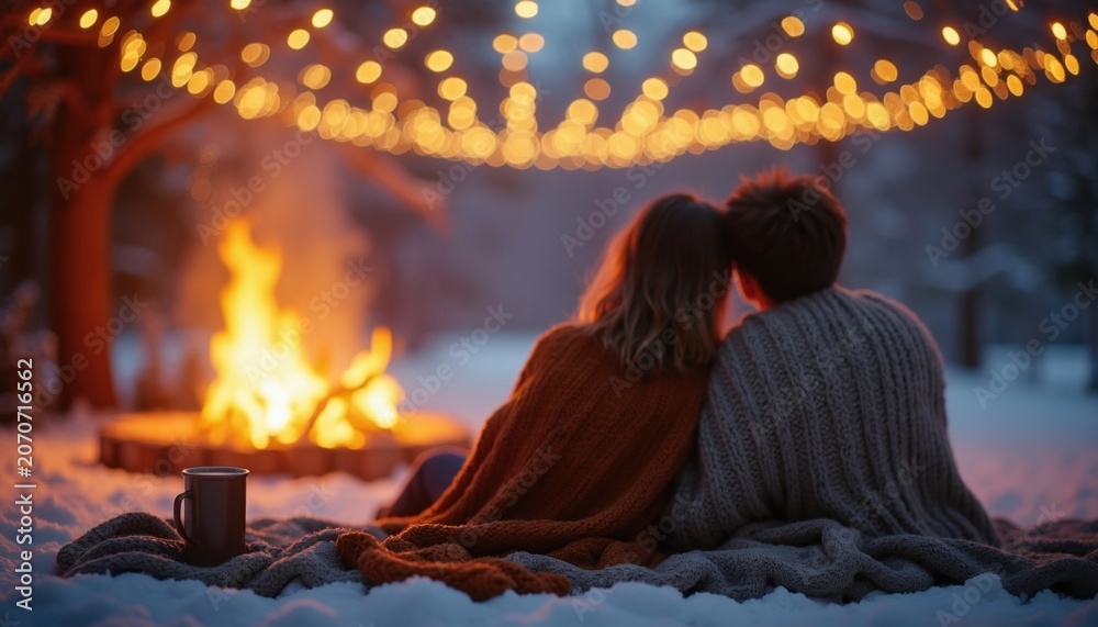 Fototapeta premium Couple sits by outdoor campfire under festive string lights. They share warmth under blankets in snowy winter night, enjoying romantic evening together. Cozy atmosphere evokes love and affection.