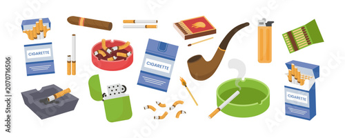 Photos Smoking accessories set with cigarettes, lighter and pipes