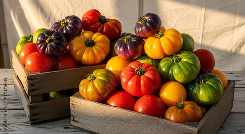 Heirloom tomatoes in wooden crates on a table