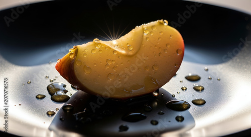 Apple slice with water drops on a dark plate