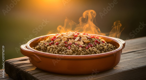 Steaming quinoa dish with pomegranate and nuts