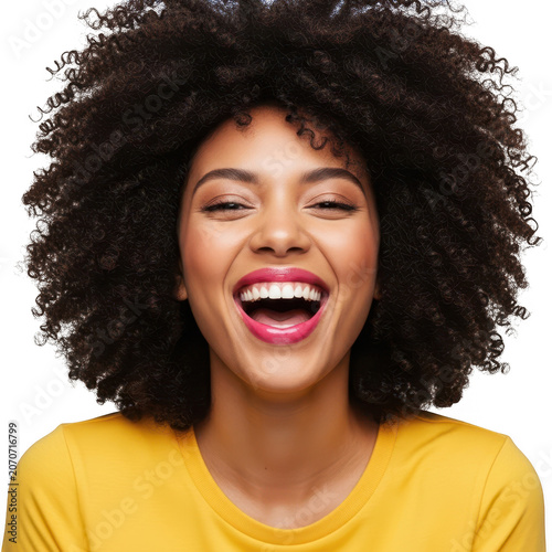 Happy woman laughing with curly hair isolated on transparent background