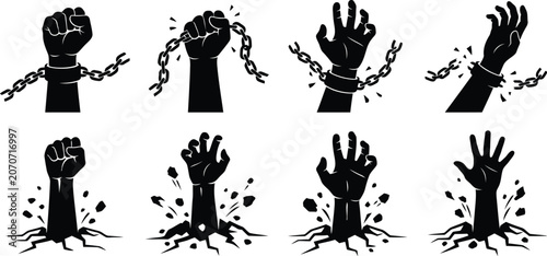 Obraz na plátne Breaking free silhouette set of hands escaping chains and rising from earth