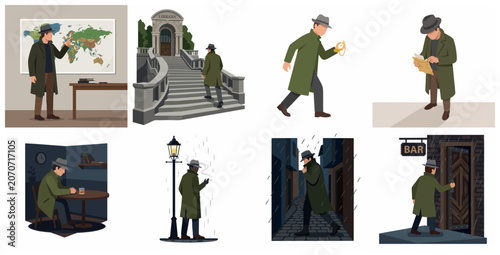 Obraz na plátne Detective character set in classic noir style, secret agent investigator in tren
