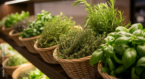 Herbs in wicker baskets on a shelf
