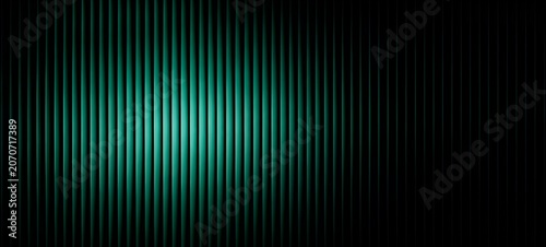 Abstract background of vertical dark green metallic slats with soft lighting