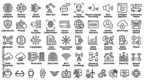 A collection of various icons representing different concepts and objects.