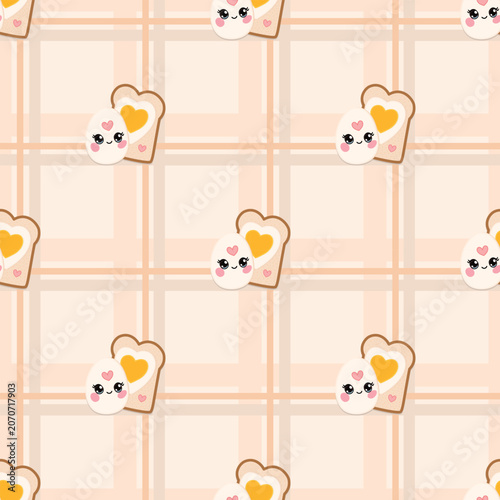 Cute Kawaii Egg and Toast Seamless Pattern on Pastel Plaid Background
