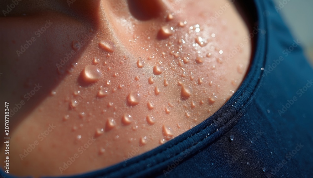 Fototapeta premium Macro shot shows skin with many sweat drops from heat hard workout. Clear water droplets gather on body surface after exertion. Moisture reflects light showing skin pores, texture during hot weather.
