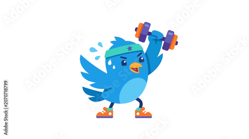 Cartoon blue bird exercising with dumbbell, fitness mascot, isolated on white background