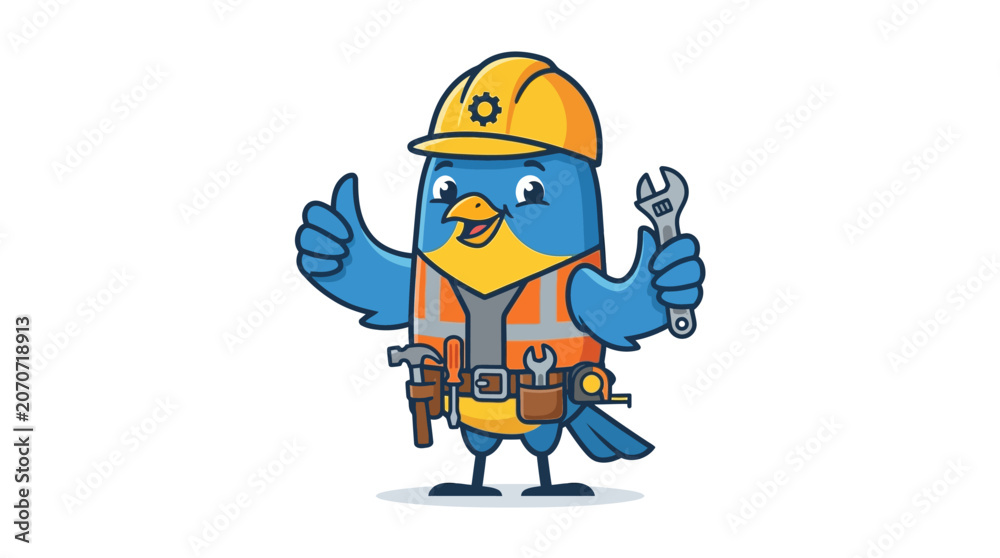 Fototapeta premium Cartoon Blue Bird Worker with Tools and Hard Hat Giving Thumbs Up
