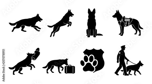 Schilderij op canvas Police Dog Silhouettes, K9 Unit Icons, Security Patrol Vector Set, Law Enforceme