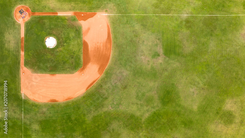Canvas-taulu Zenithal aerial view of a baseball infield diamond, highlighting the contrasting textures between the smooth red clay running paths, the central green turf, and the clean pitcher's mound circle