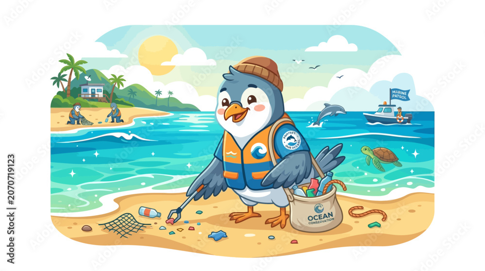 Naklejka premium Cartoon Penguin Cleaning Beach Polluted Ocean, Environmental Protection, Sustainability
