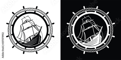 Canvastavla Detailed vintage ship illustration inside a classic circular nautical frame