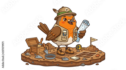 Cartoon Robin Archaeologist with Digging Tools and Map, Excavation Site Illustration