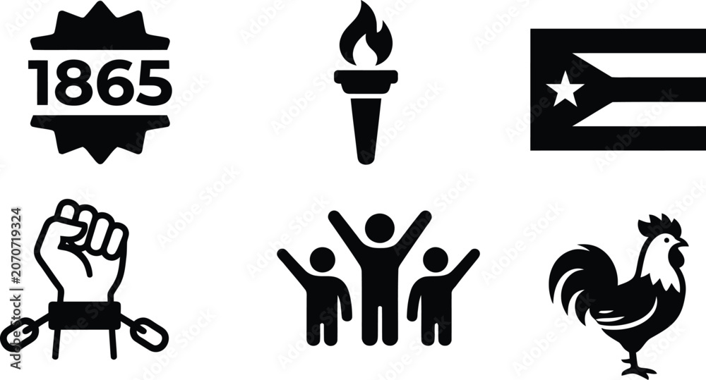 Fototapeta premium Cuban revolution symbols collection torch flag rooster and protest imagery