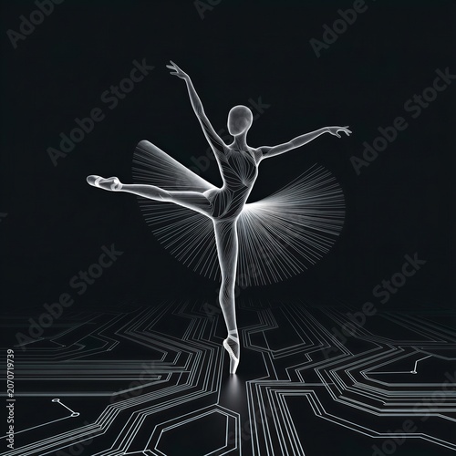 Digital ballet dancer performing on circuit board background  