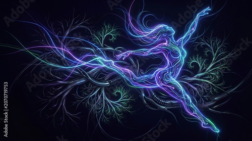 Abstract representation of balletic movement with vivid neon colors  