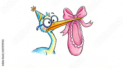 Cartoon stork wearing a party hat holding a pink ballet shoe  