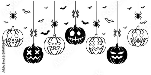 Halloween pumpkin with spiders and bats