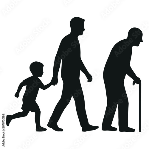 Canvastavla Black silhouette of a male human life cycle from childhood to adulthood and old