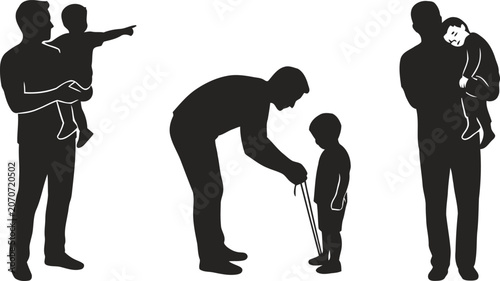 Fatherhood stages silhouette pointing teaching and caring for a young child
