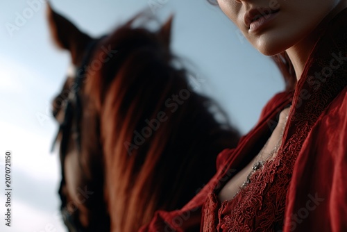 White woman in red lace riding outfit beside a brown horse outdoors, ideal for equestrian fashion, travel lifestyle and heritage romance concepts.