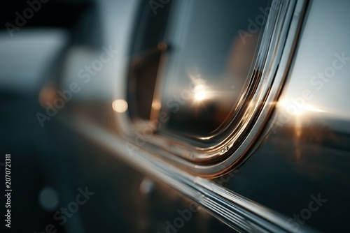 Close up of polished camper trailer windows reflecting sunset, ideal for road travel, van life, camping and lifestyle design concepts.