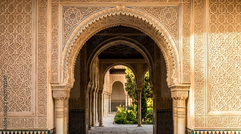 Obraz premium Intricate Moorish Archway with Geometric Patterns and Courtyard Garden
