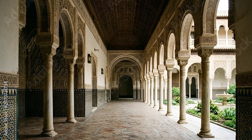 Moorish architecture hallway, ornate arches, intricate carvings, courtyard garden, historic palace