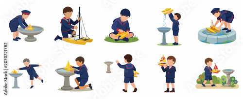Φωτογραφία Set of flat vector illustrations of a young boy in a traditional sailor suit pla