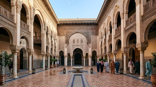 Moroccan Courtyard Architecture with Arches, Fountain, and People