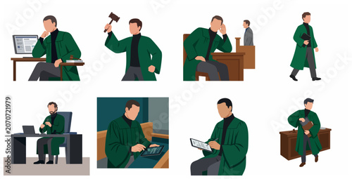 Obraz na plátně Set of flat vector illustrations featuring a judge in various courtroom and office activities, handling law documents, using technology, and presiding over legal trials