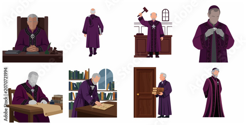 Obraz na płótnie Set of vector illustrations depicting a judge or magistrate in ornate purple robes, performing various duties like presiding in court, reading, and writing on parchment
