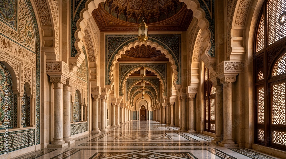 Obraz premium Ornate Palace Hallway with Arches and Intricate Patterns