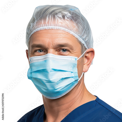 Serious doctor wearing medical face mask isolated on transparent background