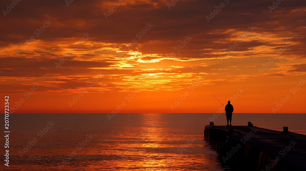 Fototapeta premium Silhouetted fisherman casting net at sunset on calm sea