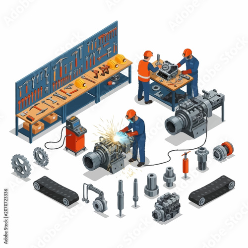 Foto Workers in industrial setting with machinery.