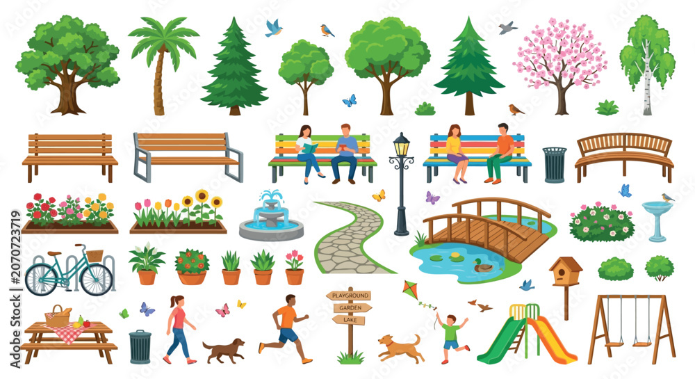 Naklejka premium Park Elements Vector Illustration With Trees Benches And Garden Features