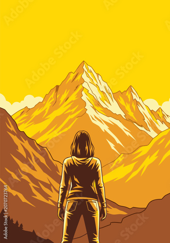 Bild auf Leinwand Vector illustration of a woman looking at a majestic mountain peak at sunset, ye
