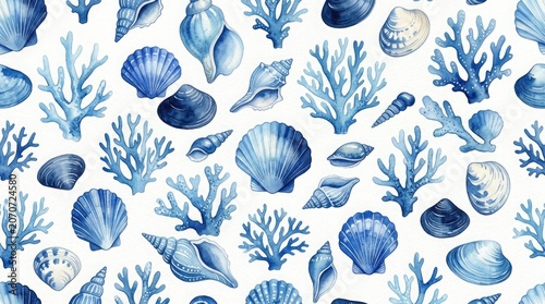 Blue oceanic seashell and coral pattern