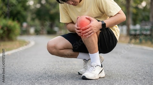 Runner with knee pain crouching on park road injury concept