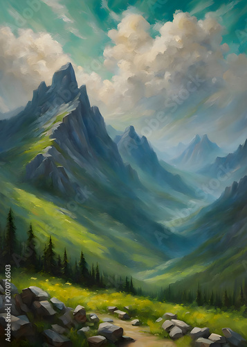 Painting of a valley in the mountains